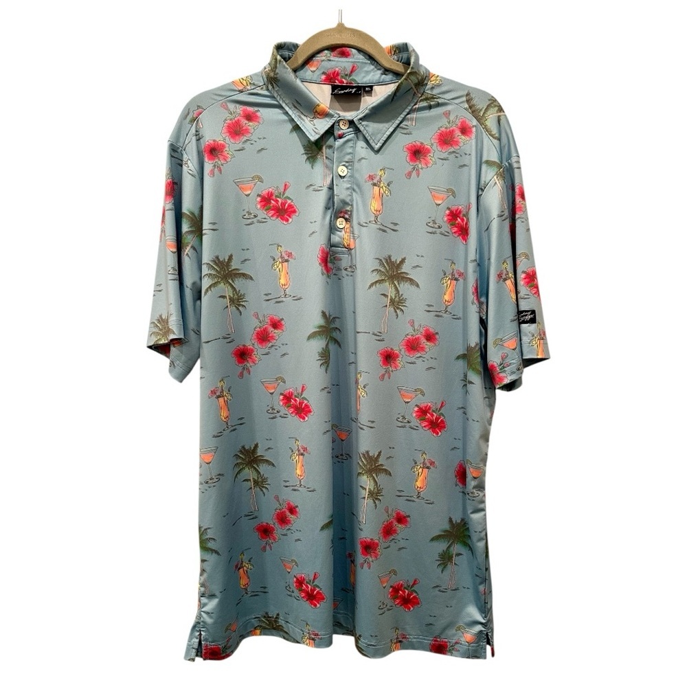 Sunday Swagger Floral Print Polo Golf Shirt Palm Trees Cocktails Vacay Resort XL